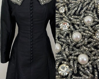 1960s glamourous silk dress incrusted with bright rhinestones, pearls & heavily beaded 28/29” waist