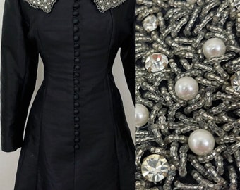 1960s glamourous silk dress encrusted with bright rhinestones, pearls & heavily beaded 28/29” waist