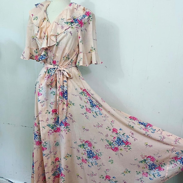 1930s floral muslin wrapper dress M L XL XXL 26” to 36” waist