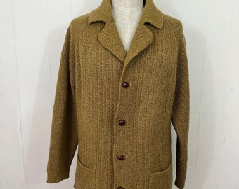 L/XXL 1950s green brown thick boucle knit cardigan