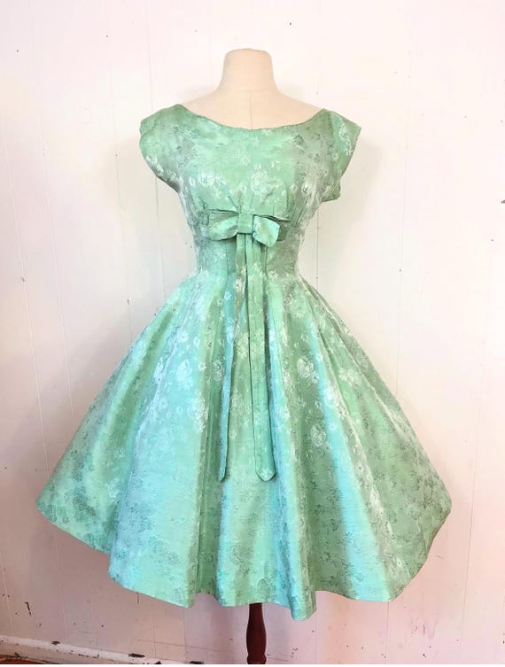 1950s fit and flare damasked mint green dress