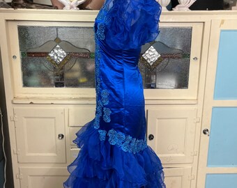 80s mermaid dress Electric Blue 80s Mermaid Dress: Ruffle Sleeves, Beaded Lace