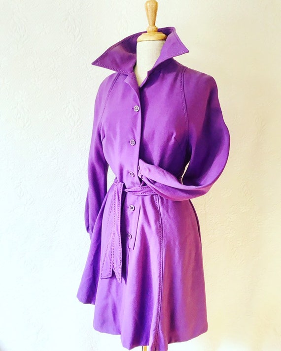 1970s Bright purple wool A-line trench dress frock