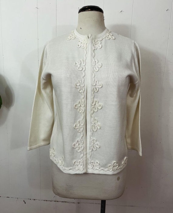1960s ORLON soutache embroidered cream cardigan S… - image 1