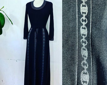 1970s Italian Wool jersey silver chain motif maxi dress by Lugano