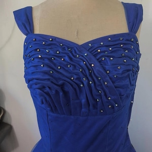 1950s sapphire blue prom dress with rhinestone studded bust, dotted tulle & floral peplum!