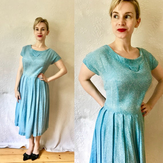 1940s blue knit rayon & cotton daydress