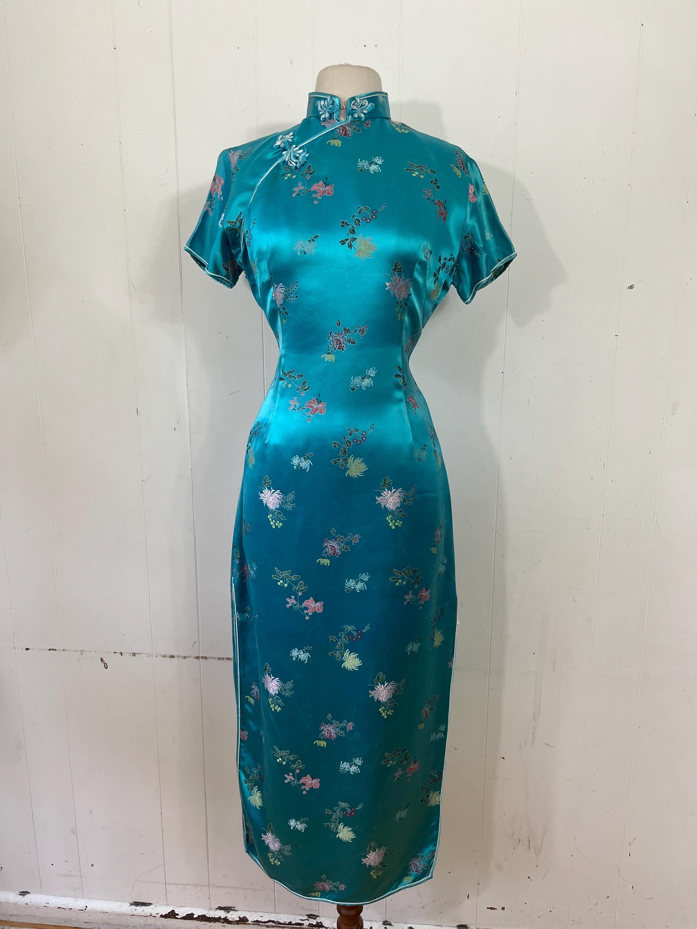 希少　珍品　サテン生地　チャイナドレス　vintage パンツ　一点物古着 1960年代 M チャイナドレス ブルー シルクサテン ダマスク柄 ドレス