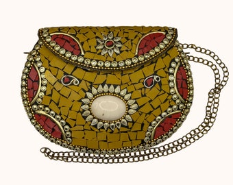 Mozaïektegel Indiase clutch portemonnee met kettingriem - handgemaakte tas - chique huwelijkscadeau - mode - avondtasje