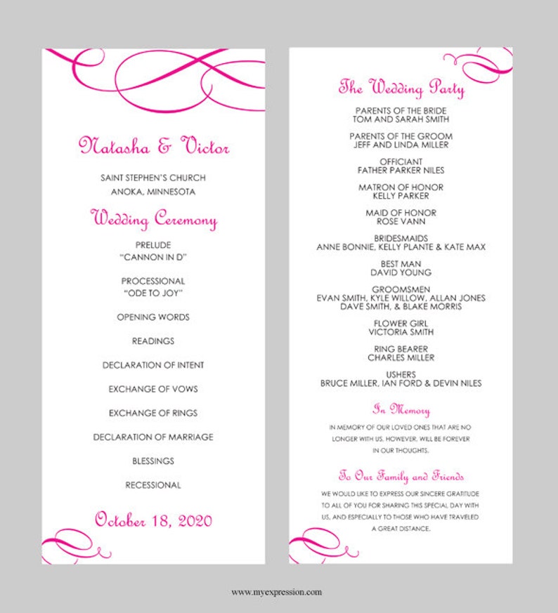 Wedding Program Template Tea Length Calligraphic Flourish Etsy