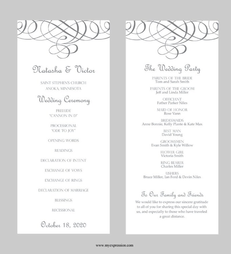 Wedding Program Template Tea Length Flourish Calligraphy Etsy