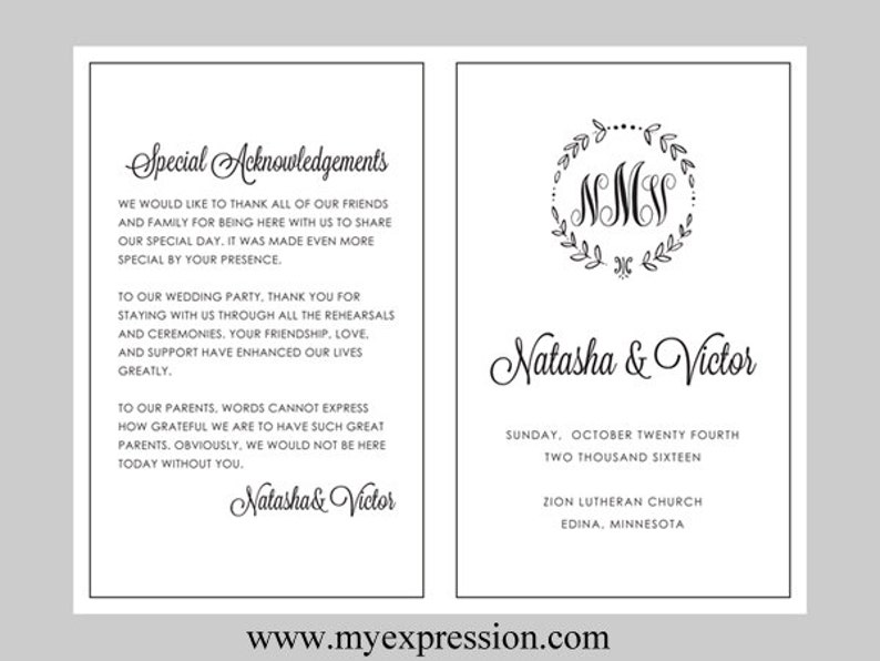 Diy Wedding Program Template Bifold Black Monogram Leaf Etsy
