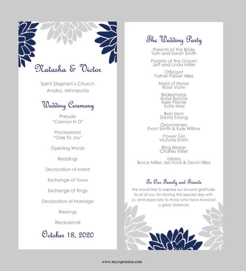 Wedding Program Template Tea Length Navy And Gray Blooms Etsy