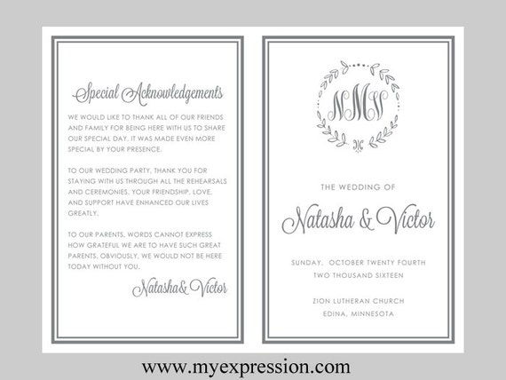 diy wedding program template bifold gray monogram leaf etsy