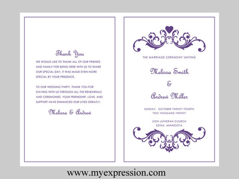 Wedding Program Template Bifold Purple Vintage Heart Etsy