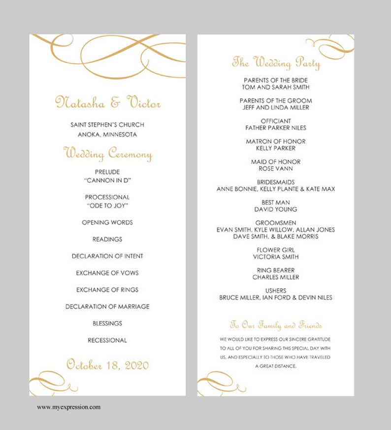 Wedding Program Template Tea Length Calligraphic Flourish Etsy