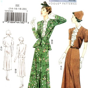 Vogue 8767 Vintage Model Design 1930&#39;s Jabot Dress and Peplum Jacket Pattern Choose Size