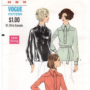 1970's Vogue 7609 Popover Placket Yoke Shirt Blouse Pattern Bust 36
