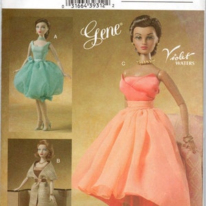 May include: Vogue Doll Collection pattern featuring three Gene dolls in different outfits. One doll wears a mint green bubble dress, another a peach-colored high-low gown, and the third a long beige coat.