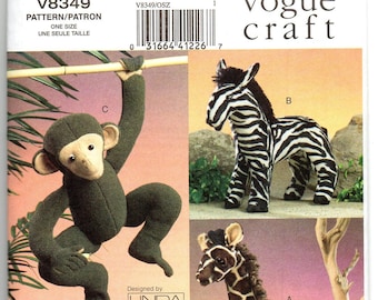 Vogue 8349 Elephant Giraffe Monkey Zebra Stuffed Animals Pattern