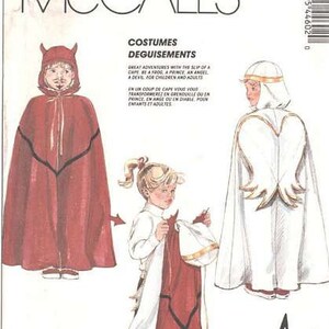 May include: A sewing pattern for children's costumes. The pattern includes instructions for making a devil costume and an angel costume. The pattern is for sizes 6/8. The pattern is from McCall's and is called "Costumes Deguisements".