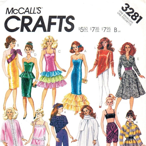 1980's McCall's 3281 Fashion Doll Wardrobe Pattern 11.5" and 12.5 "