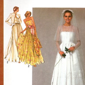 May include: Simplicity 9364 sewing pattern featuring a wedding dress and two other formal gowns. The wedding dress is white with a long train and veil. The other gowns are yellow and cream-colored. Size 12 Miss.