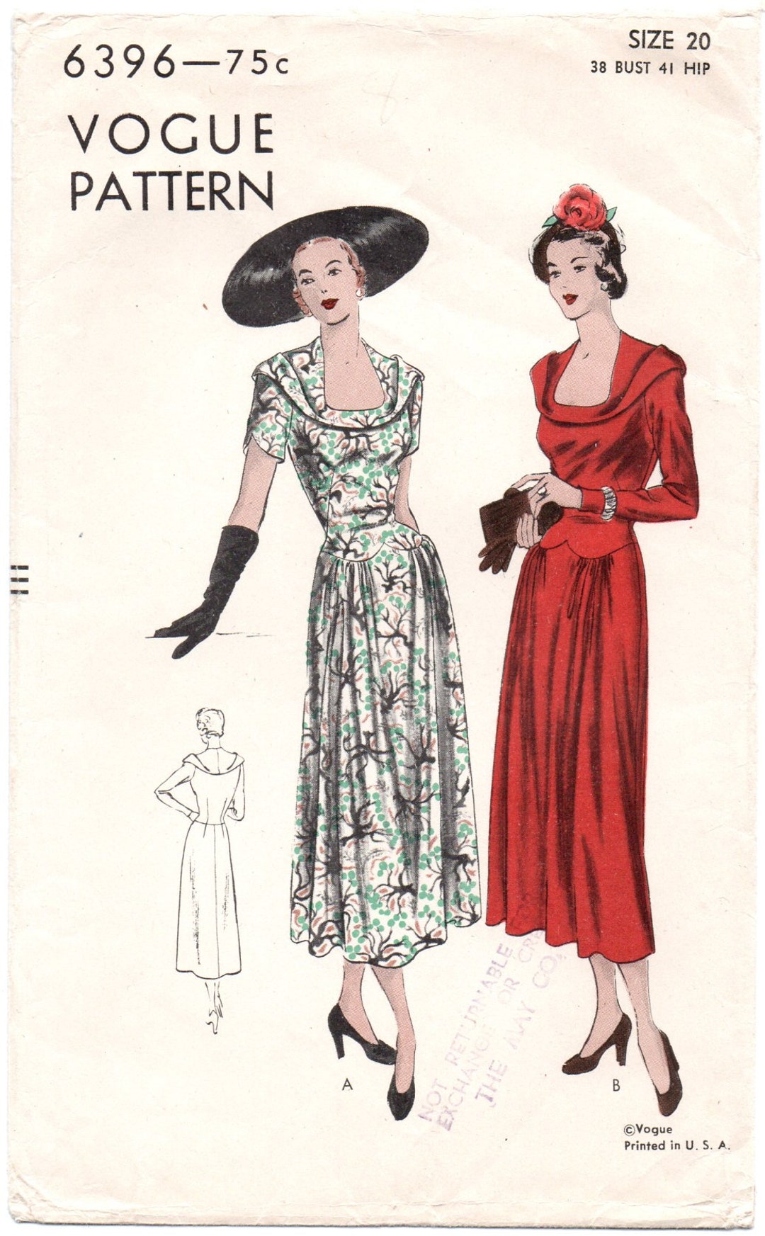 1940’s Vogue Button Up Dress with Accent Panels Pattern- Bust  36” - No. 6738