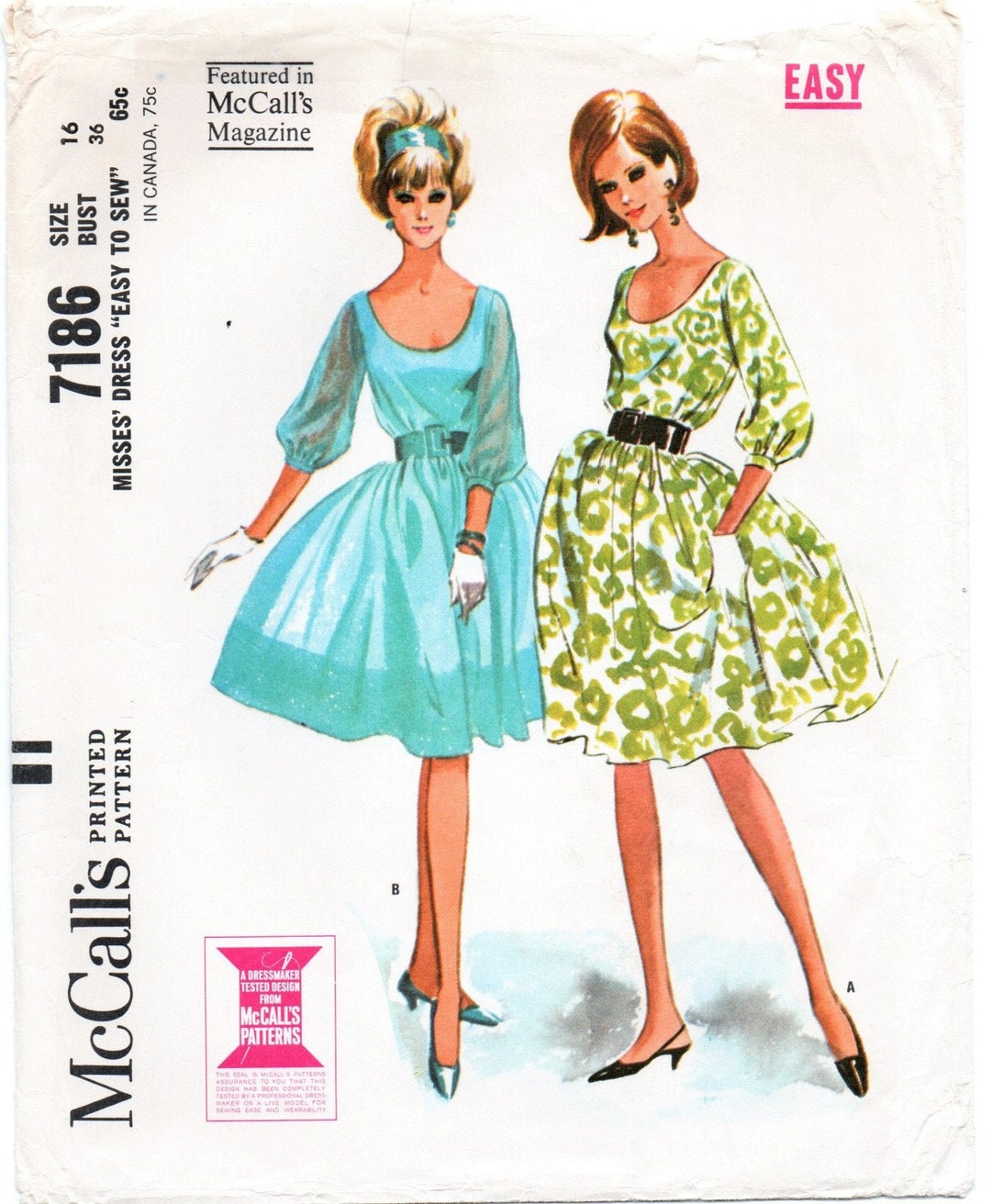 1960's McCall's Slim Fit or Flared Skirt Dress with Curved Fitted Waist detail - Bust 38