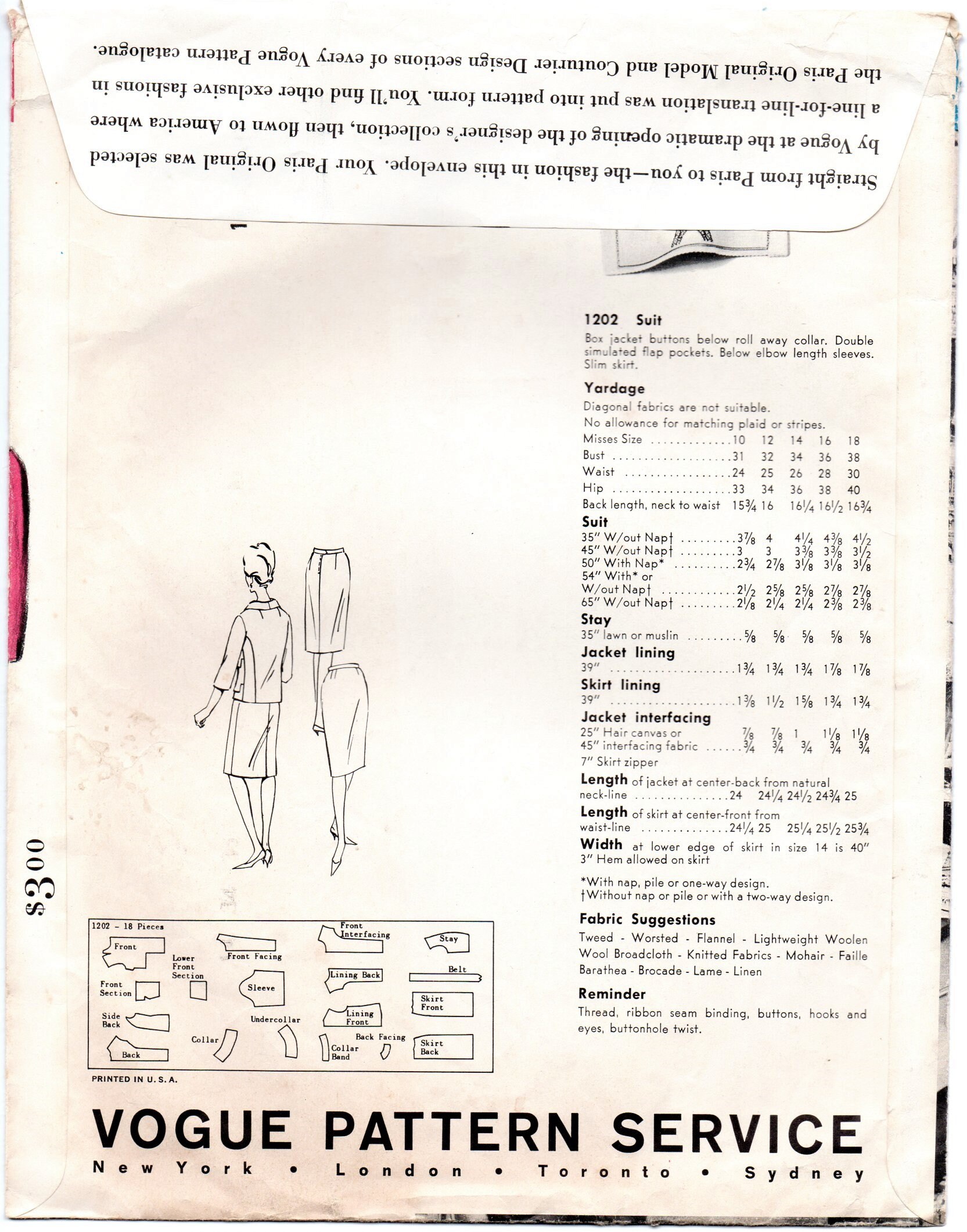 Patou 1960's Vogue 1202 Paris Original Box Jacket Slim Suit Skirt Pattern Bust 34