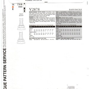 May include: A sewing pattern for a close-fitting, under-lined dress with princess seams, self-faced bodice and skirt lining. The dress has gathered ruffles and an invisible zipper closure at the left side back. The pattern includes instructions for sizes 6-22. The pattern is called "V2878 Misses' Misses Petite Dress" and is from Vogue Patterns.