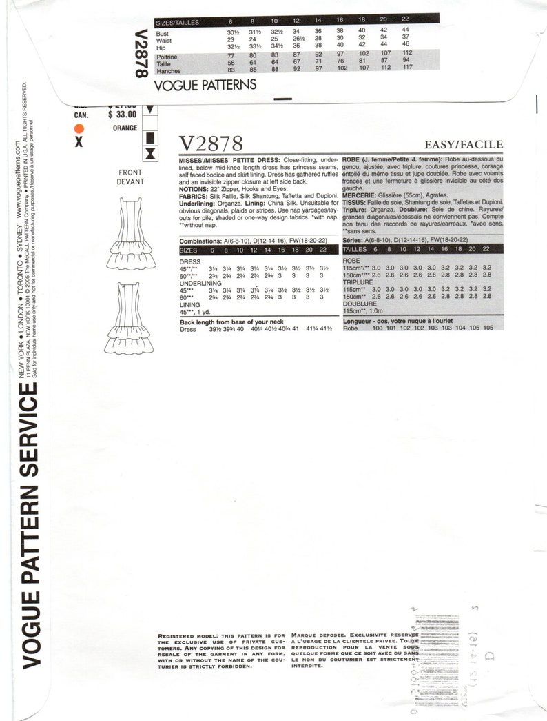 May include: A sewing pattern for a close-fitting, under-lined dress with princess seams, self-faced bodice and skirt lining. The dress has gathered ruffles and an invisible zipper closure at the left side back. The pattern includes instructions for sizes 6-22. The pattern is called "V2878 Misses' Misses Petite Dress" and is from Vogue Patterns.