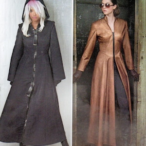 May include: Simplicity pattern 8482 features two long coat designs. One coat is black with a hood and a zipper closure. The other coat is a copper color with a zipper closure. The pattern includes sizes U.S. 6-14.