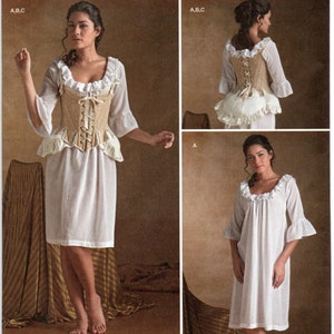 May include: Simplicity pattern 8162 features a historical costume design. The image shows a woman wearing a corset, dress, and ruffled sleeves. The pattern includes sizes U.S. 6-14 and Euro 32-40. The design is by American Duchess.