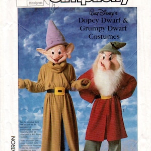 May include: Simplicity sewing pattern 7736 for Dopey and Grumpy Dwarf costumes. The pattern includes instructions for making the costumes, which feature brown and red robes, pointed hats, and white beards.