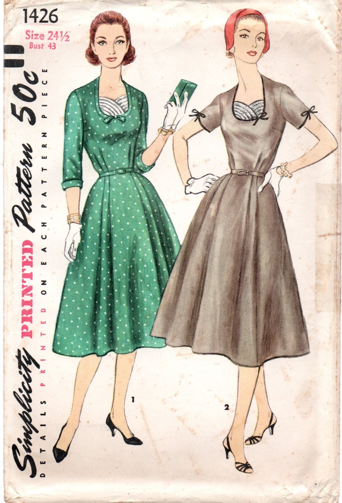 Bust 43 Vintage 1950's Simplicity 1426 Vestee Dress Pattern 