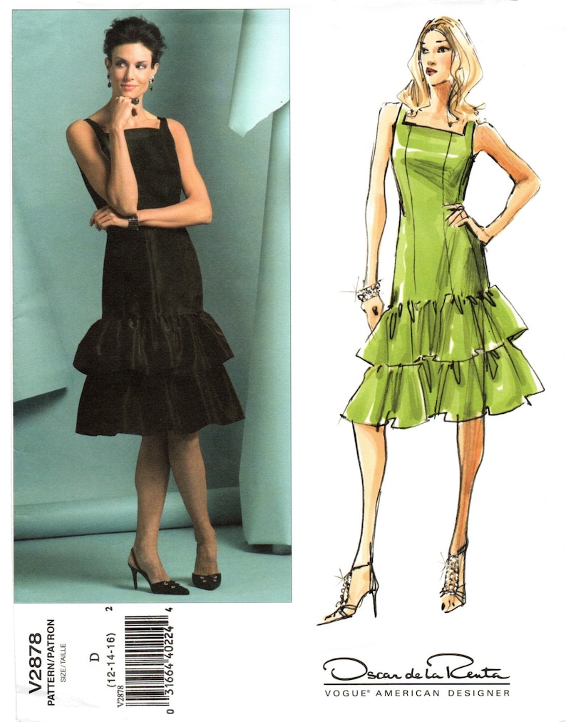 May include: A sewing pattern for a black and green dress with a ruffled skirt. The pattern is by Oscar de la Renta and is for sizes 12-14-16.
