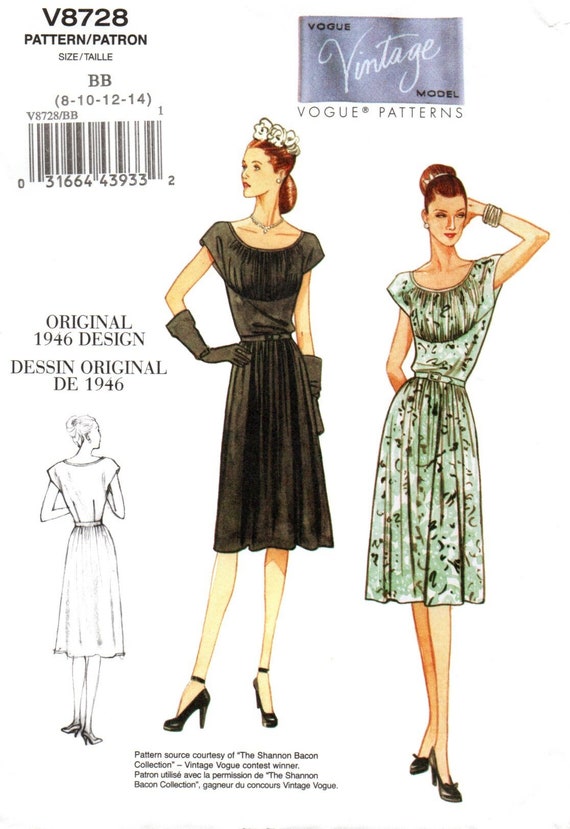 Vogue 8728 Vintage Model 1940's Design Shirred Bodice Dress Pattern Choose  Size