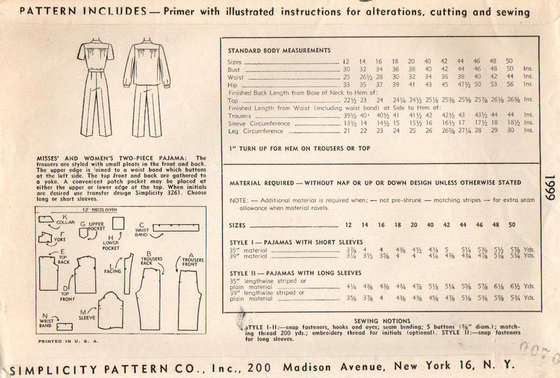 1940's Simplicity 1999 Two-piece Pajama Pattern Bust 34 - Etsy