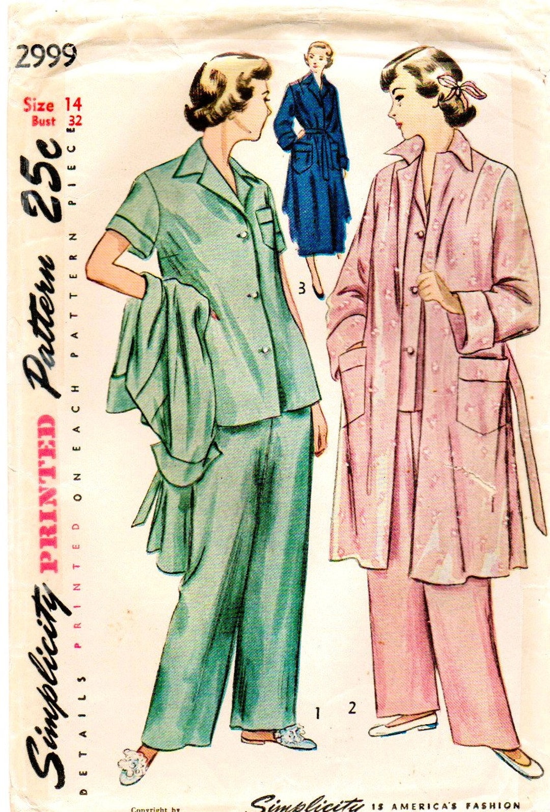 1940's Simplicity 2999 Misses Pajamas and Coat Pattern Bust 32 - Etsy