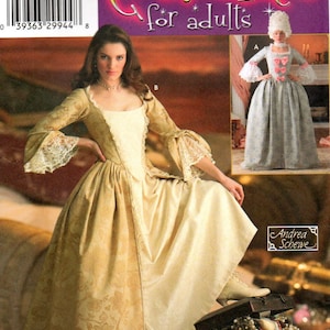 May include: Simplicity costume pattern for adults, featuring a woman in a gold and cream-colored historical dress with lace sleeves. The pattern includes sizes 14, 16, 18, and 20. The image also shows a second costume in gray.