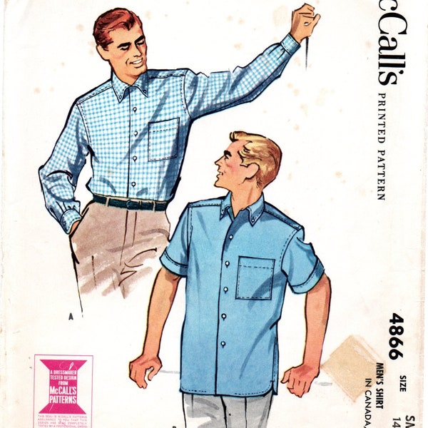 1950's McCall's 4866 Men's Button Down Shirt Pattern Size Small, Neck 14- 4.5, Chest 34-36.5