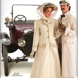 May include: A vintage sewing pattern for a long coat with a high collar and a skirt. The pattern is for sizes 8-18 and XS-XL. The pattern is from Simplicity and the model number is 2581.