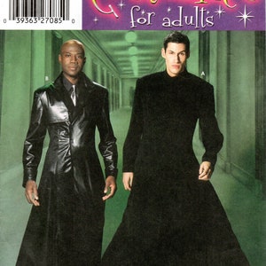 May include: Simplicity costume pattern for adults. The image shows two people wearing long black coats. The pattern includes sizes XS, S, M, L, and XL. The text "Costumes for adults" is displayed in a colorful font.