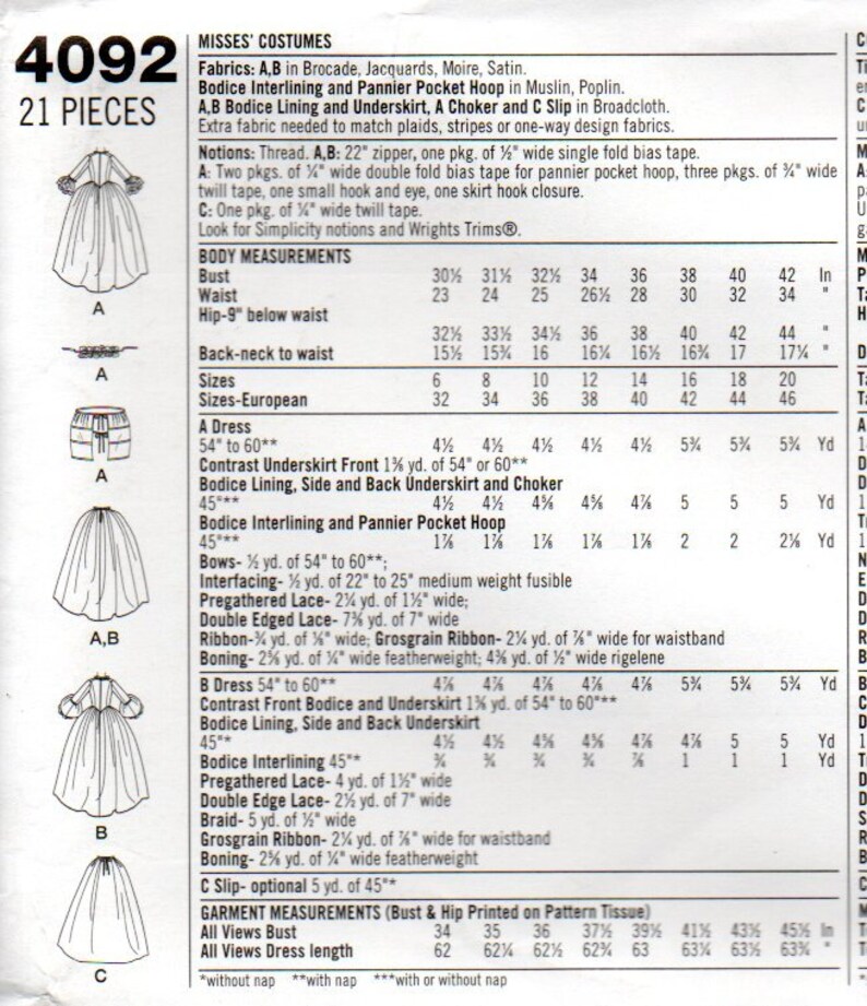 18th Century French Gown Simplicity 4092 Pattern Choose Size - Etsy