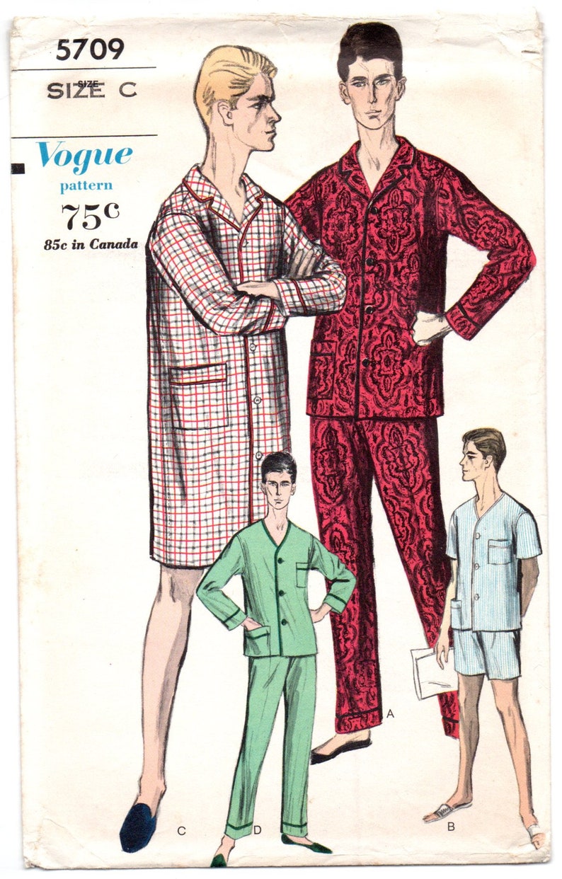 1960's Mens Sleepcoat Pajamas Vogue Pattern Size 4244 Etsy