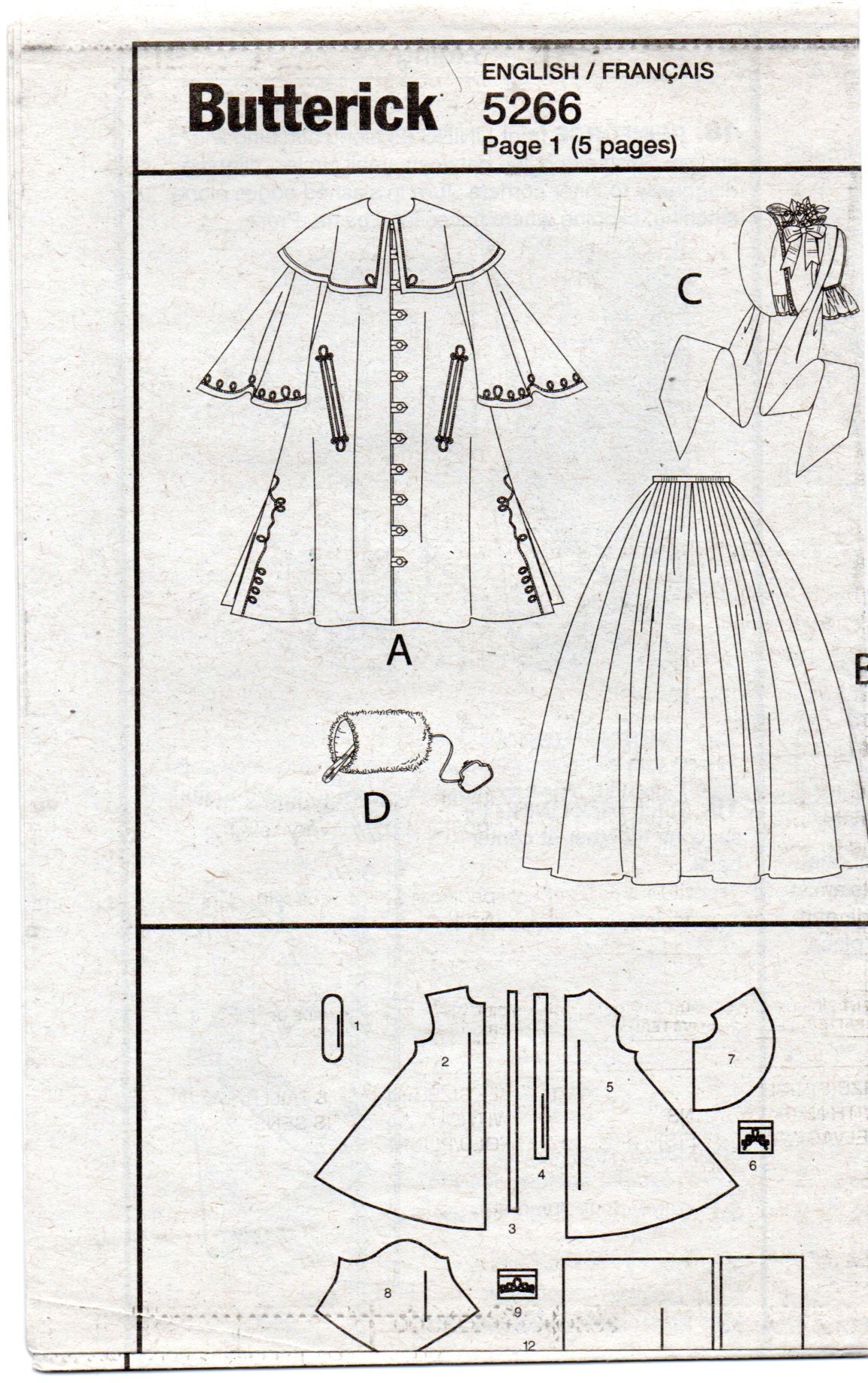 Butterick 5266 Dickens Cloak, Muff, Bonnet, Skirt Historical Costume ...