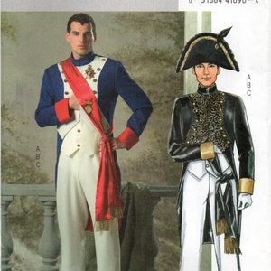May include: A sewing pattern for a historical costume. The pattern is for a military uniform with a black jacket, white pants, and a red sash. The pattern is from Butterick and has the number B4891 on it.