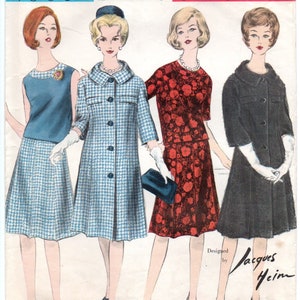 May include: Vintage Vogue Paris Original sewing pattern featuring four illustrated women's fashion designs. The designs include a blue top and skirt, a blue and white checked coat, a red floral dress, and a black coat. The pattern is designed by Jacques Heim, printed as pattern 1077.