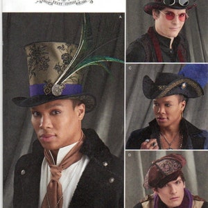May include: Simplicity pattern 8713 features various steampunk-inspired hat designs. The main image showcases a top hat with floral fabric, a purple band, and a feather. Other hats include a round top hat with goggles and a beret.